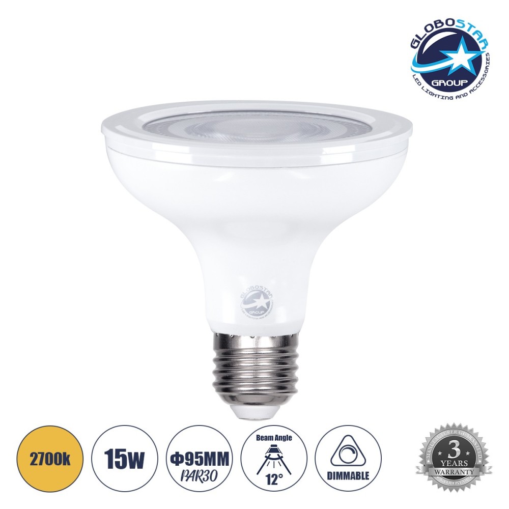 GLOBOSTAR® BEAMPAR 60095 Σποτ E27 PAR30 LED 15W 1410lm 12° AC 220-240V IP20 Θερμό Λευκό 2700K Dimmable - Μ9.5 x Π9.5 x Υ9.5cm - 3 Χρόνια Εγγύηση